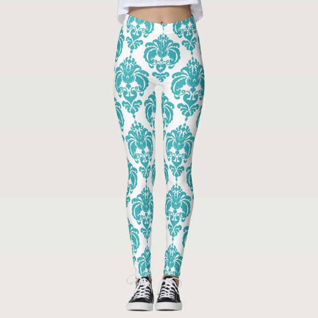 Teal & White Damask Chic Modern Elegant Pattern Leggings (Front)