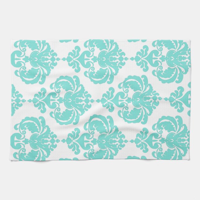 Teal & White Damask Chic Modern Elegant Pattern Tea Towel (Horizontal)