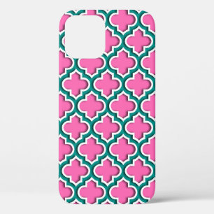 Teal White DIY BG Moroccan Quatrefoil #5DS iPhone 12 Case