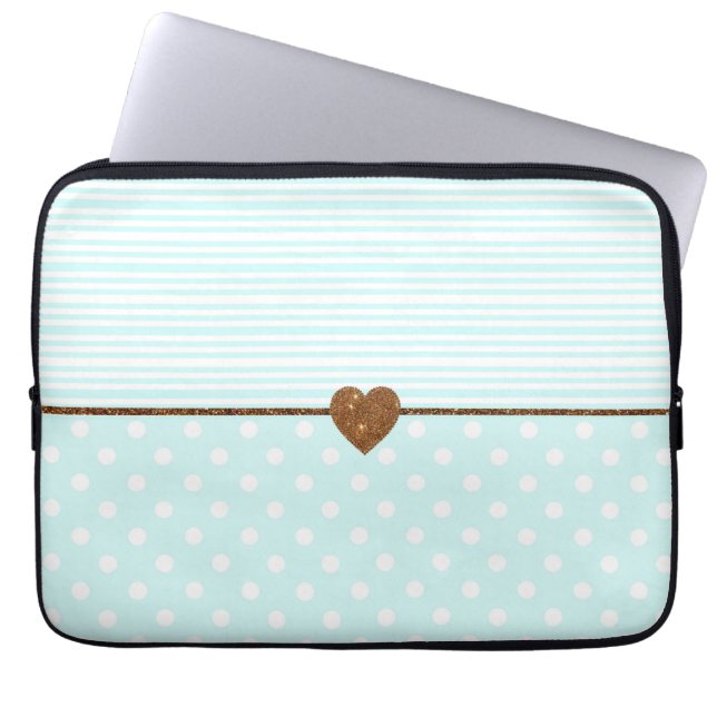 Teal white dots stripes gold faux glitter heart laptop sleeve (Front)