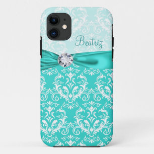 Teal & White Elegant Damask Faux Ribbon & Diamond iPhone 11 Case