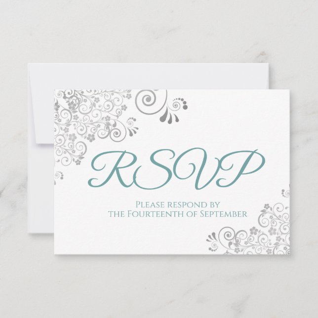 Teal & White Elegant Silver Lace Wedding RSVP Card (Front)