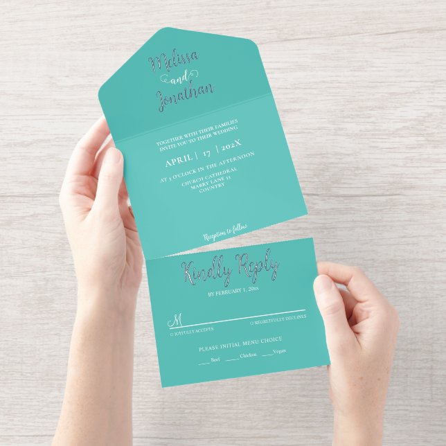 Teal White Elegant Wedding Bride and Groom Foil All In One Invitation (Tearaway)