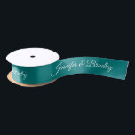 Teal White Elegant Wedding Personalised Name Satin Ribbon<br><div class="desc">Teal White Elegant Wedding Personalised Name Custom Satin Ribbon features your personalised names in elegant white calligraphy script on a teal background. Personalised by editing the text in the text boxes. Designed by ©Evco Studio www.zazzle.com/store/evcostudio</div>