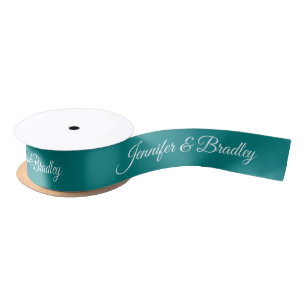 Teal White Elegant Wedding Personalised Name Satin Ribbon