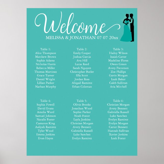 Teal White Elegant Wedding seating chart poster (Front)