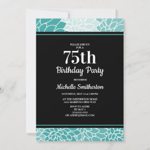 Teal White Floral 75th Birthday Party Women Invitation
