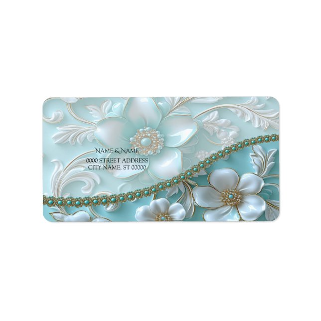 Teal White Floral Address Label (Front)