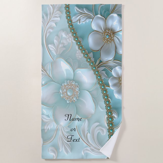 Teal White Floral Beach Towel (Front)