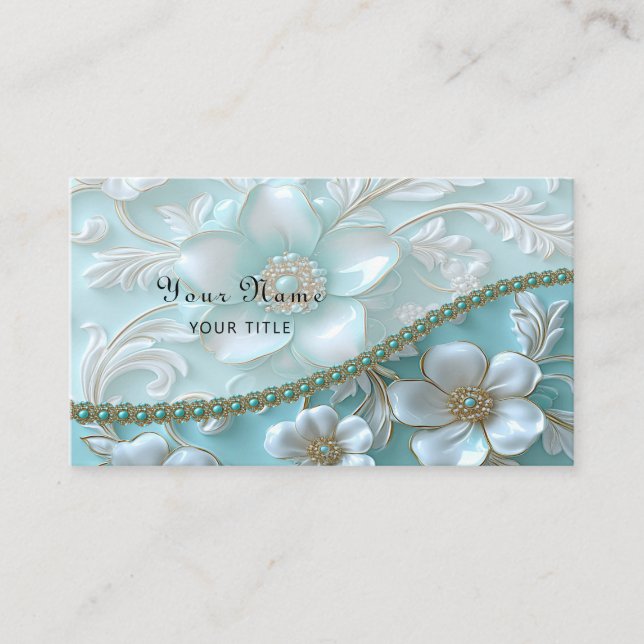 Teal White Floral Business Card (Front)