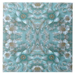 Teal White Floral Ceramic Tile