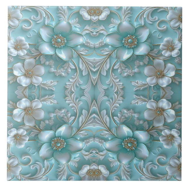 Teal White Floral Ceramic Tile (Front)