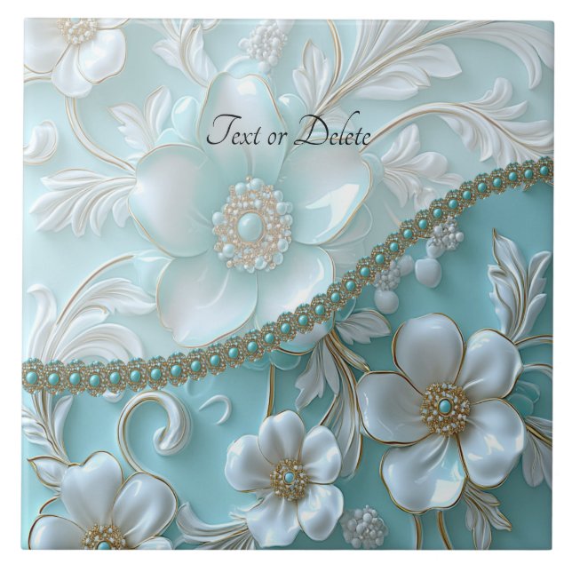 Teal White Floral Ceramic Tile (Front)