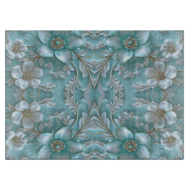 Teal White Floral Cutting Board (Front)