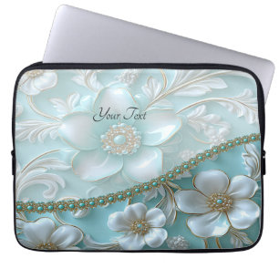 Teal White Floral Laptop Sleeve