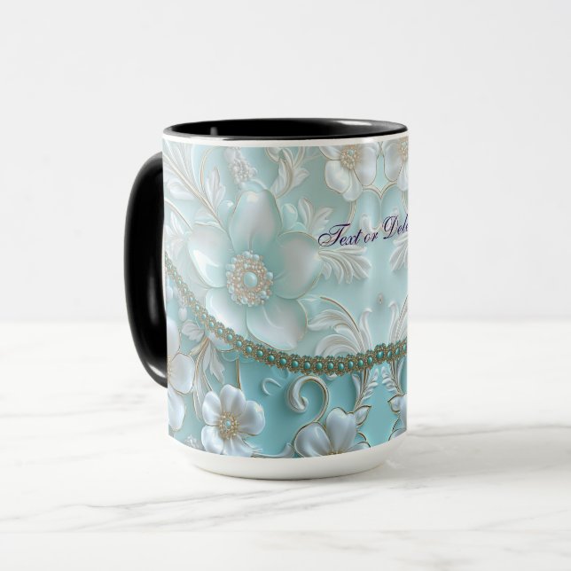 Teal White Floral Mug (Front Left)