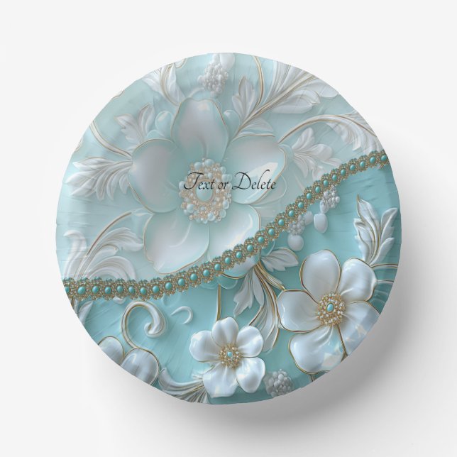 Teal White Floral Paper Bowls Plate (Front)