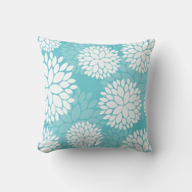 Teal White Floral Pattern Pillow (Front)