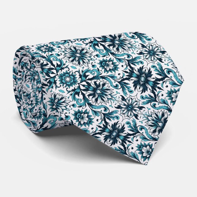 Teal & White Floral Pattern  Tie (Rolled)