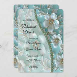 Teal White Floral Rehearsal Dinner Invitation