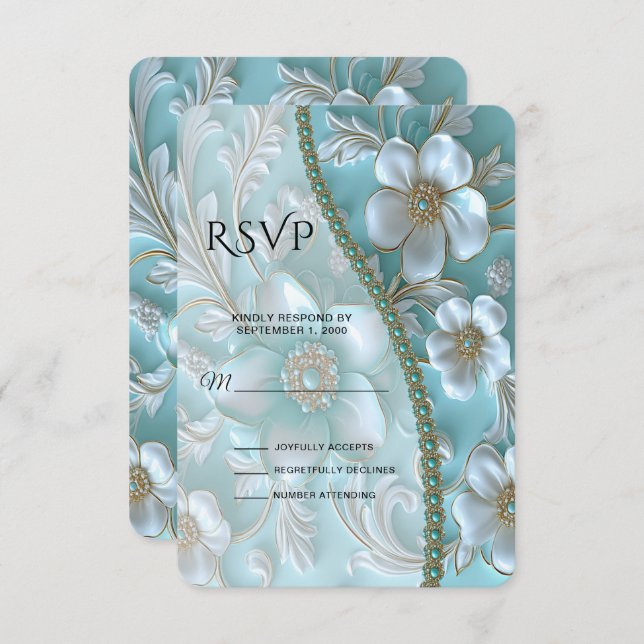 Teal White Floral RSVP Card (Front/Back)
