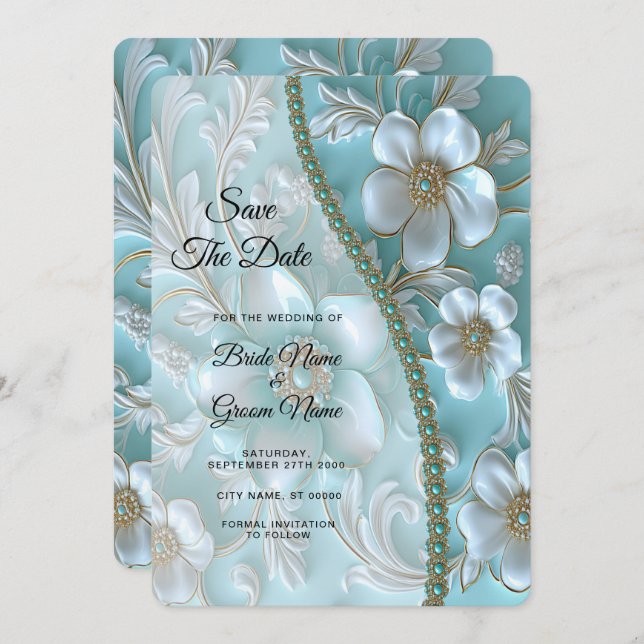 Teal White Floral Save The Date (Front/Back)