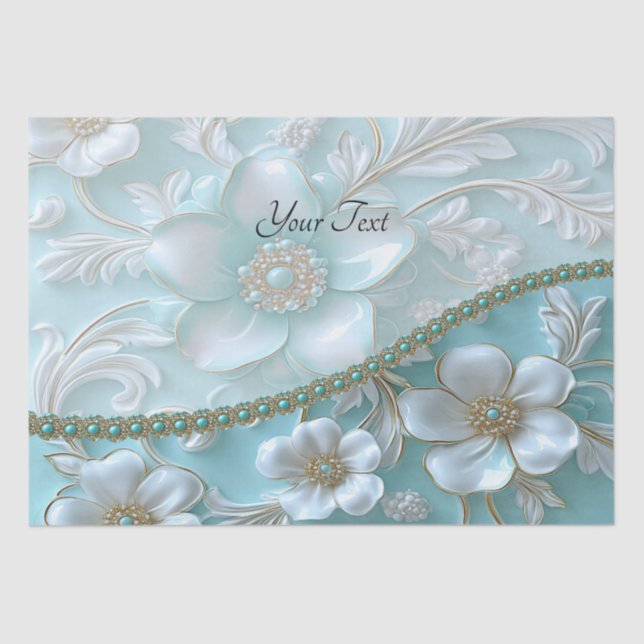 Teal White Floral Tissue Paper (Front)