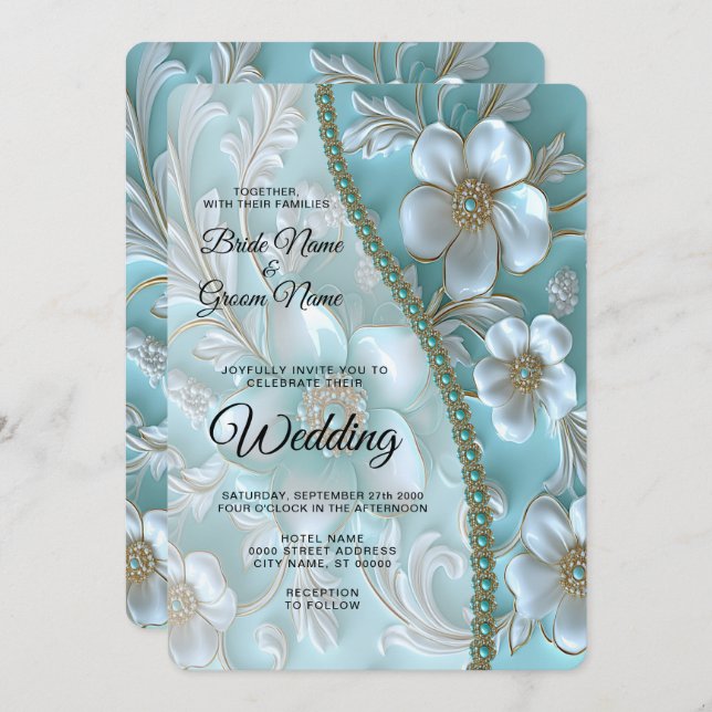 Teal White Floral Wedding Invitation (Front/Back)
