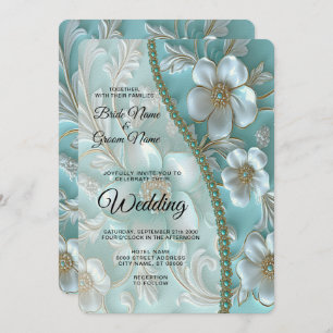 Teal White Floral Wedding Invitation