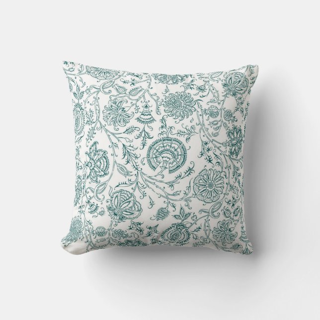 Teal & White Flower Pattern Cushion (Front)