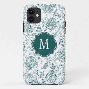 Teal & White Flower Pattern Monogram iPhone 11 Case