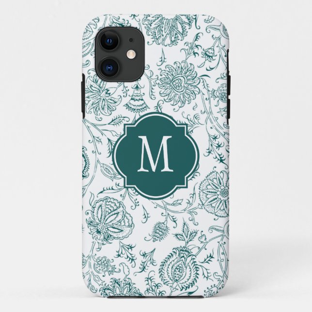 Teal & White Flower Pattern Monogram Case-Mate iPhone Case (Back)