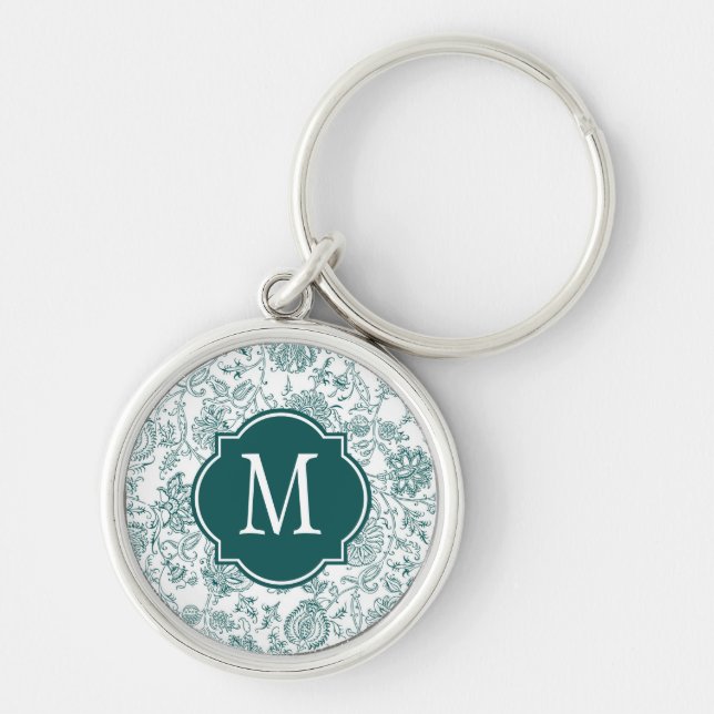 Teal & White Flower Pattern Monogram Key Ring (Front)