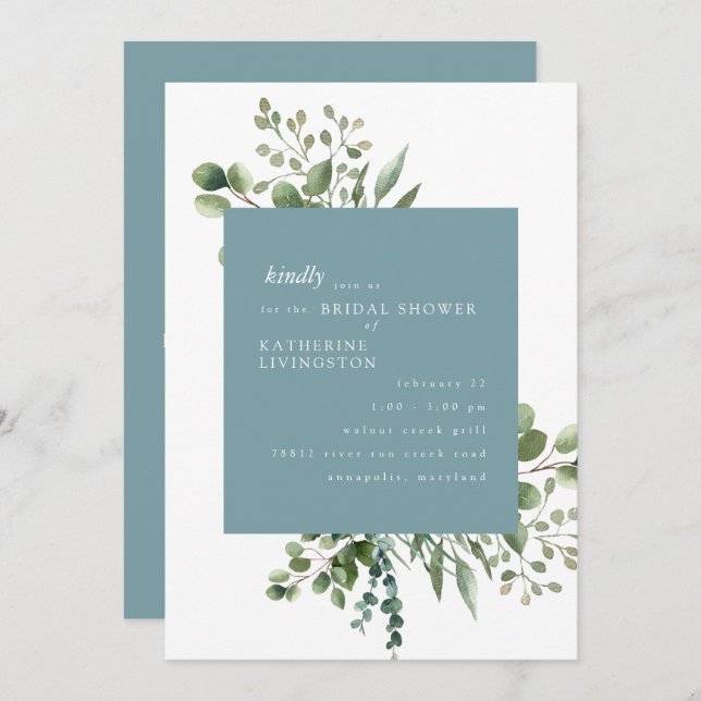 Teal & White Foliage Bridal Shower Invitation (Front/Back)