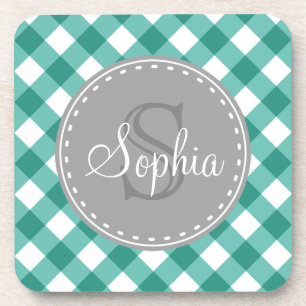 Teal White Gingham Plaid Pattern Monogram Coaster