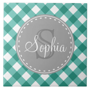 Teal White Gingham Plaid Pattern Monogram Tile