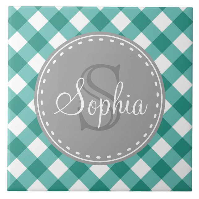Teal White Gingham Plaid Pattern Monogram Tile (Front)