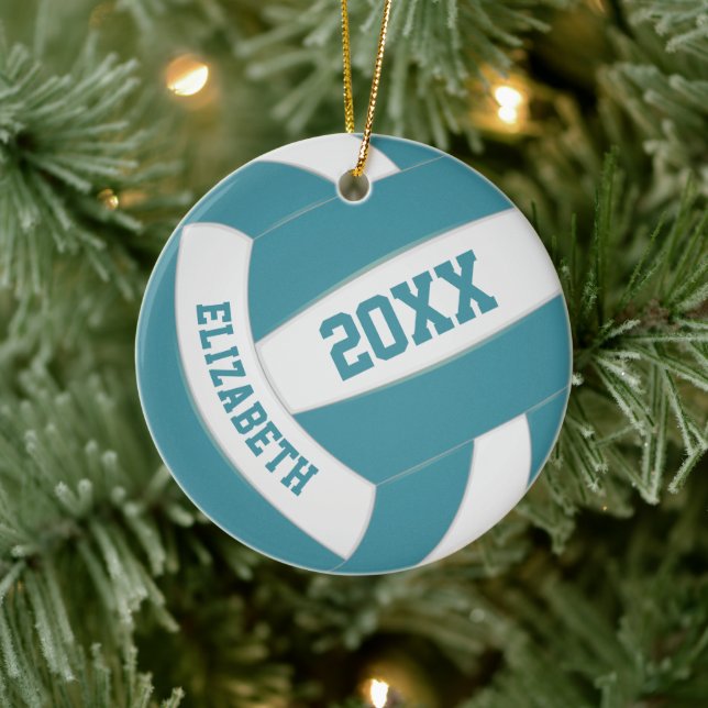 teal white girls boys team colours volleyball ceramic ornament (Tree)