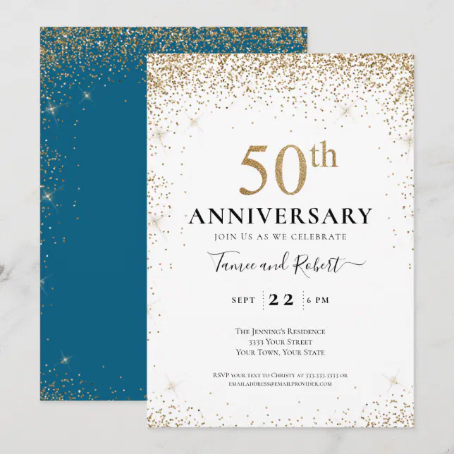 Teal White Gold 50th Wedding Anniversary Invitation | Zazzle