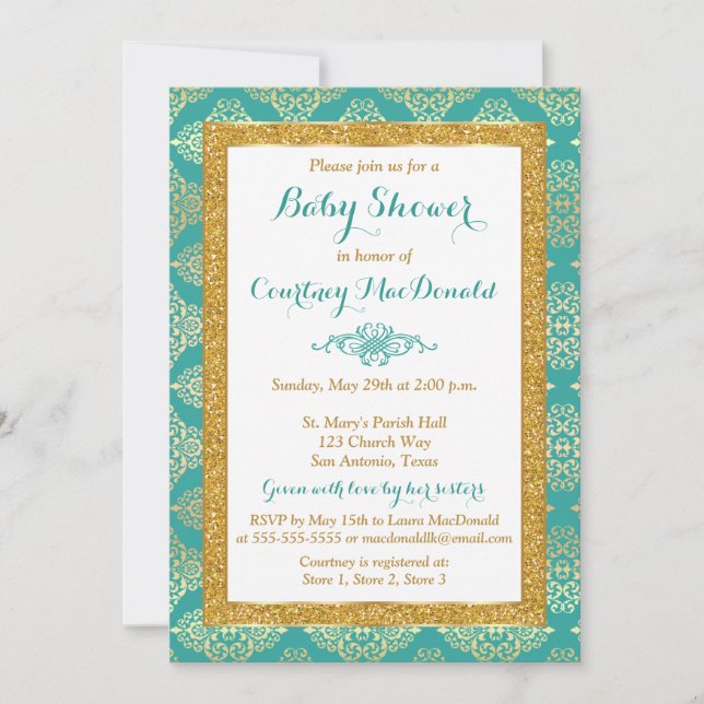 Teal, White, Gold FAUX Glitter Baby Shower Invite (Front)