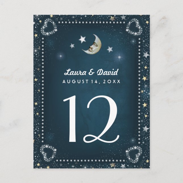Teal White & Gold Moon & Stars Table Number Cards (Front)