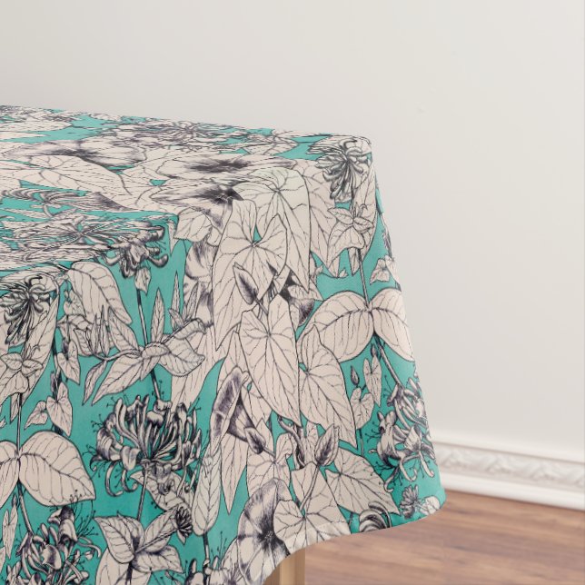 Teal White Graphic Flowers Pattern Tablecloth (In Situ)