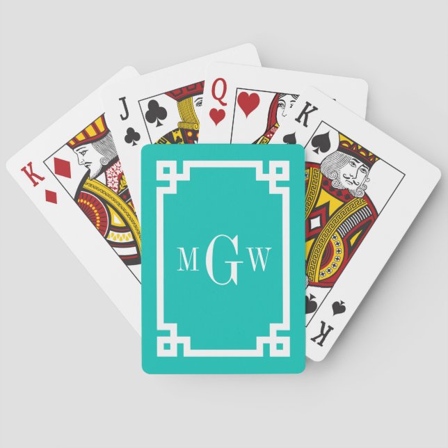 Teal White Greek Key #2 Framed 3 Init Monogram Playing Cards (Back)