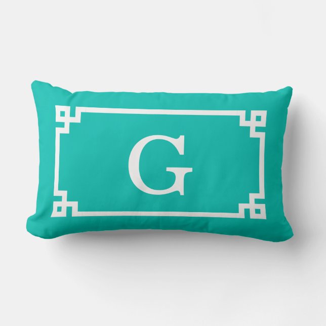 Teal White Greek Key Frame #2 Initial Monogram Lumbar Cushion (Front)