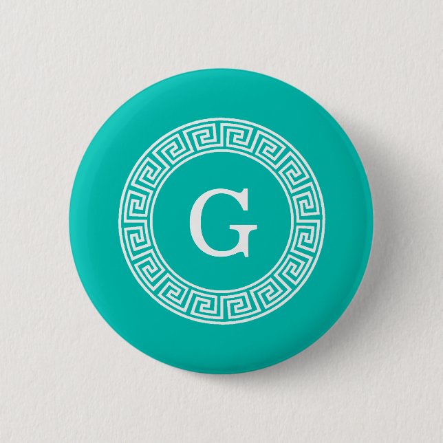 Teal White Greek Key Round Frame Initial Monogram 6 Cm Round Badge (Front)