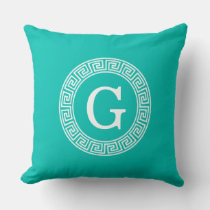 Teal White Greek Key Round Frame Initial Monogram Cushion