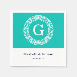 Teal White Greek Key Round Frame Initial Monogram Napkin