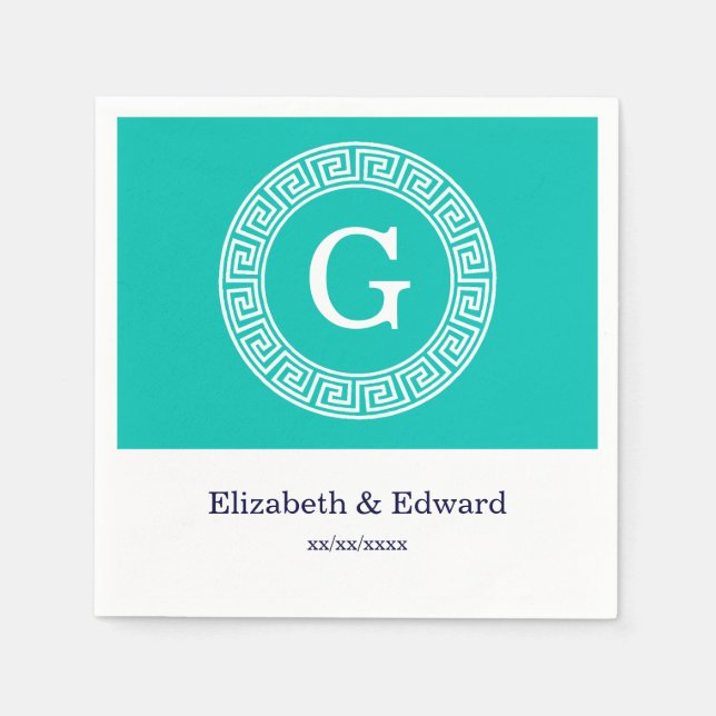 Teal White Greek Key Round Frame Initial Monogram Napkin (Front)