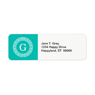 Teal White Greek Key Round Frame Initial Monogram Return Address Label