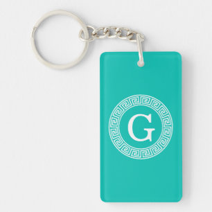 Teal White Greek Key Round Frame Initial Monogram Ring